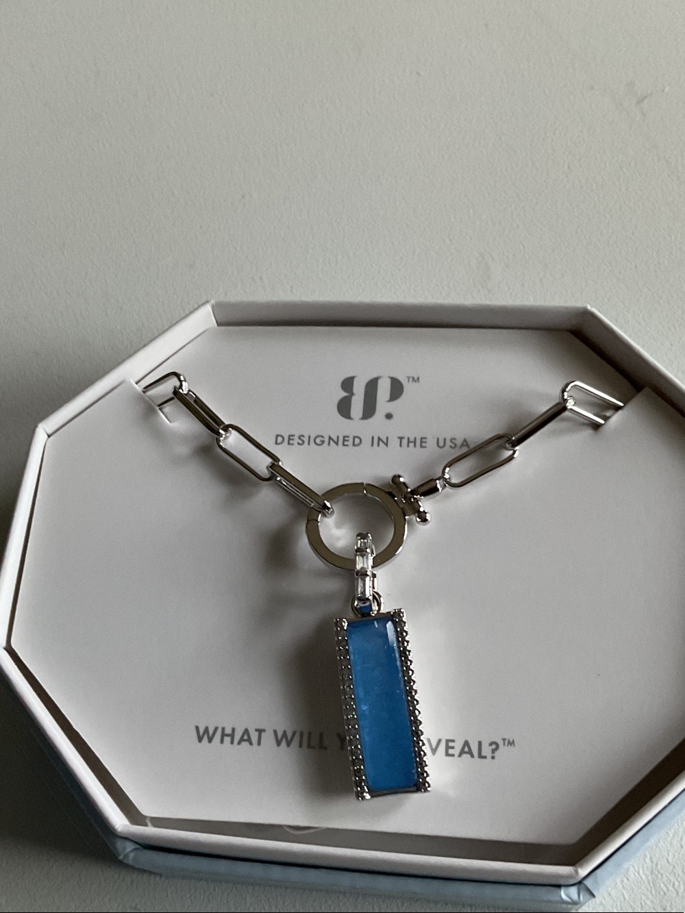 bp Silver Chain Necklace with Blue Stone Pendant